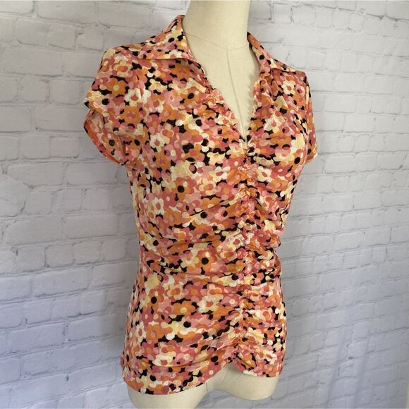 ⭐ 3/$15 Vintage Y2K Nine West Small Pink Orange Floral Collared Ruched Blouse - Picture 2 of 8